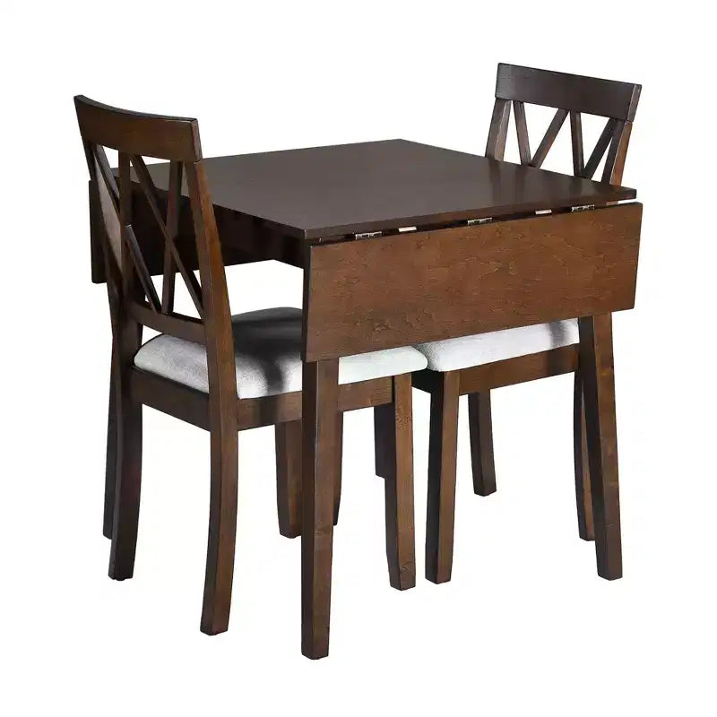 3 Piece Expandable Dining Set with 2 Upholstered Chairs, Wood Dining Table with Drop Leaf for Small Place