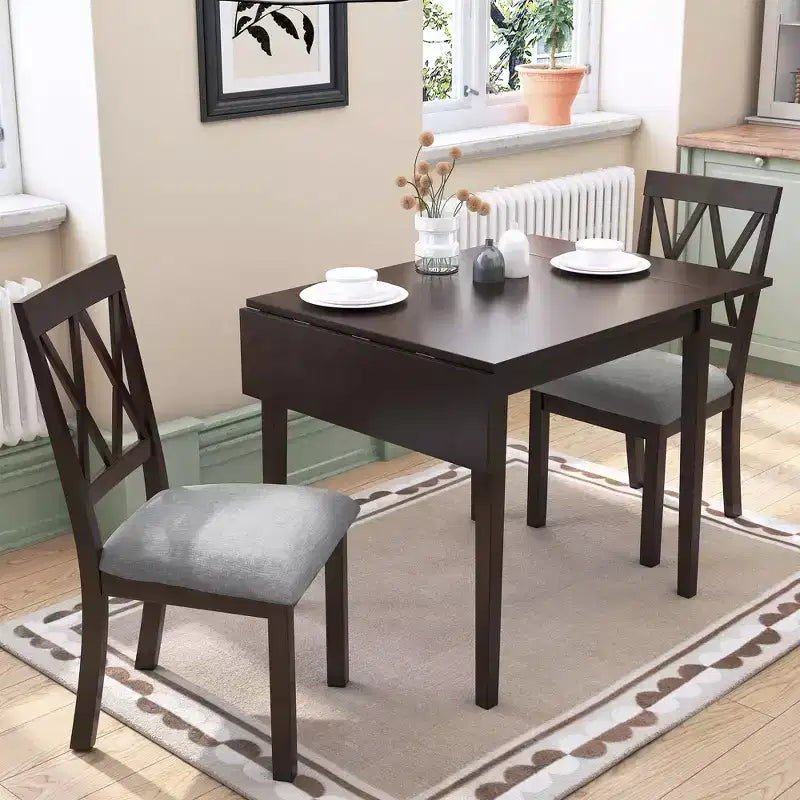 3 Piece Expandable Dining Set with 2 Upholstered Chairs, Wood Dining Table with Drop Leaf for Small Place