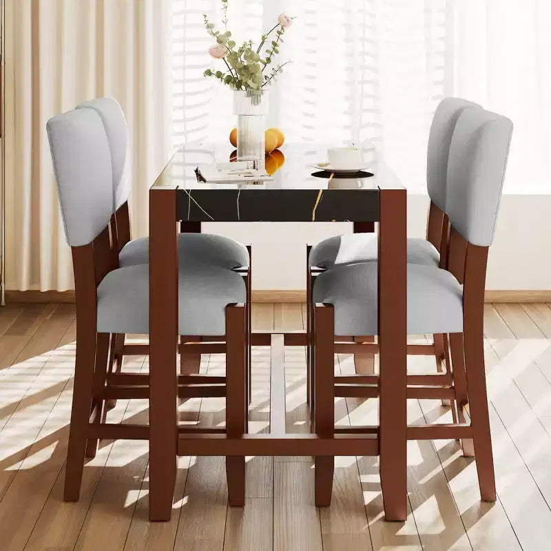 Ensemble de table à manger en marbre hauteur comptoir pour 4 personnes, ensemble de table de bar 5 pièces avec 4 chaises rembourrées pour salle à manger, pub, cuisine, petit espace