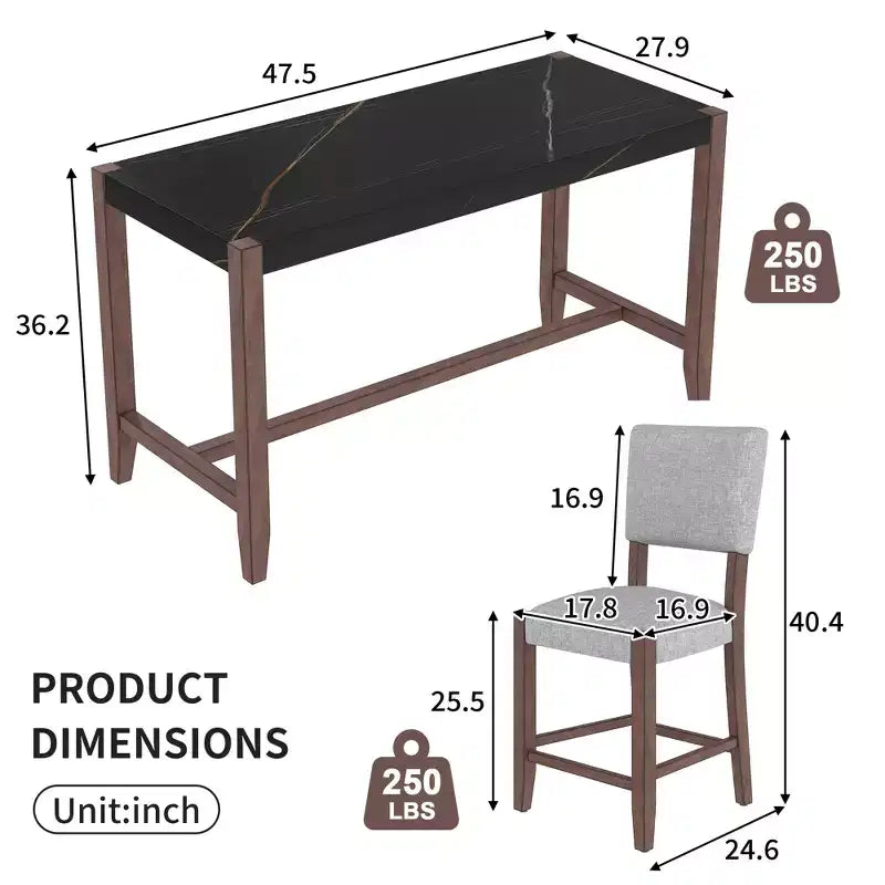 Ensemble de table à manger en marbre hauteur comptoir pour 4 personnes, ensemble de table de bar 5 pièces avec 4 chaises rembourrées pour salle à manger, pub, cuisine, petit espace