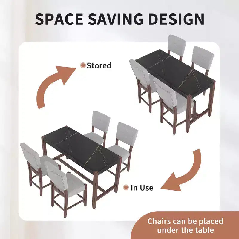 Ensemble de table à manger en marbre hauteur comptoir pour 4 personnes, ensemble de table de bar 5 pièces avec 4 chaises rembourrées pour salle à manger, pub, cuisine, petit espace
