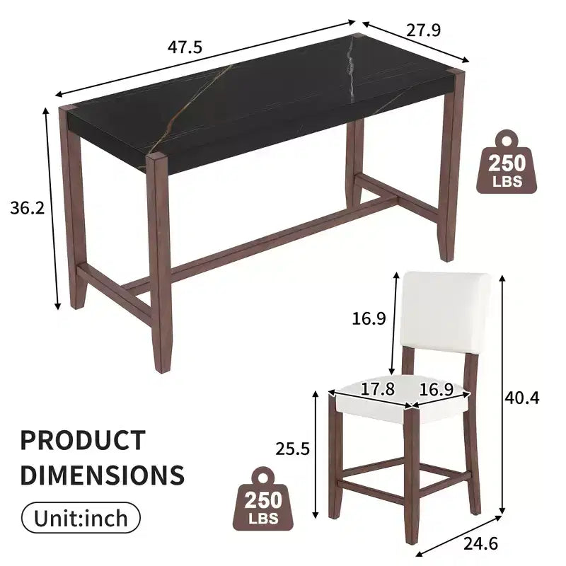 Ensemble de table à manger en marbre hauteur comptoir pour 4 personnes, ensemble de table de bar 5 pièces avec 4 chaises rembourrées pour salle à manger, pub, cuisine, petit espace