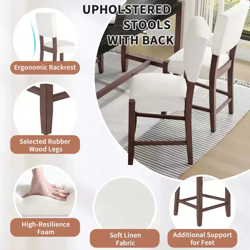 Ensemble de table à manger en marbre hauteur comptoir pour 4 personnes, ensemble de table de bar 5 pièces avec 4 chaises rembourrées pour salle à manger, pub, cuisine, petit espace