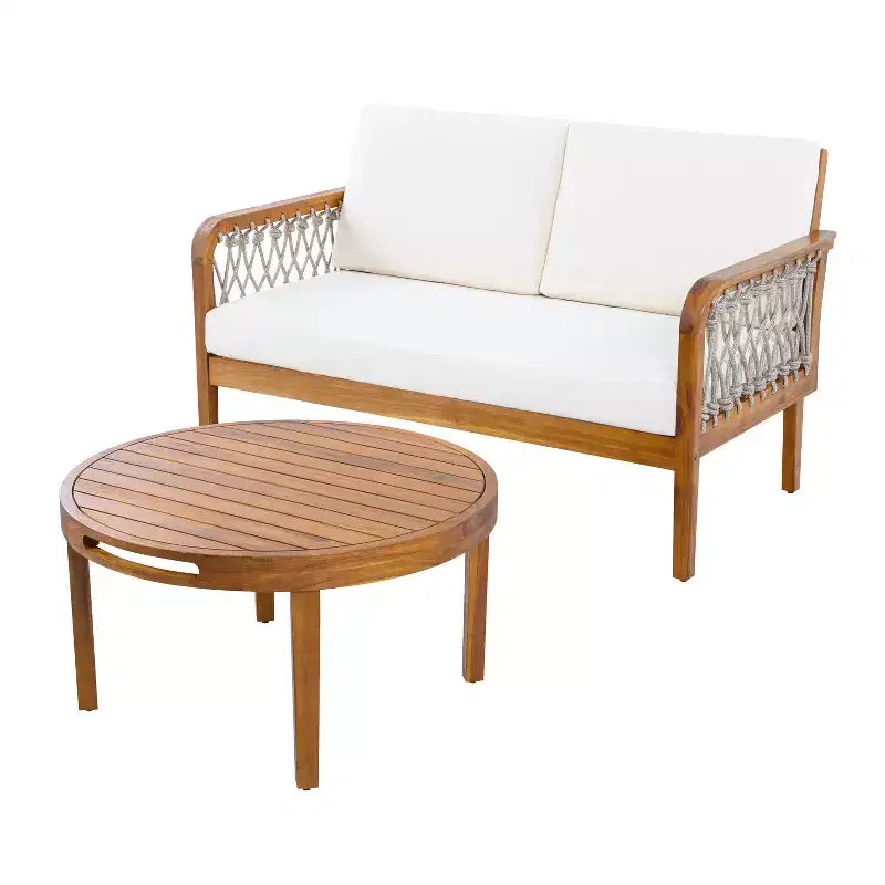 Christopher Knight Home Tzuyu Farmhouse Outdoor Acacia Wood Loveseat and Coffee Table Set with Handwoven Rope