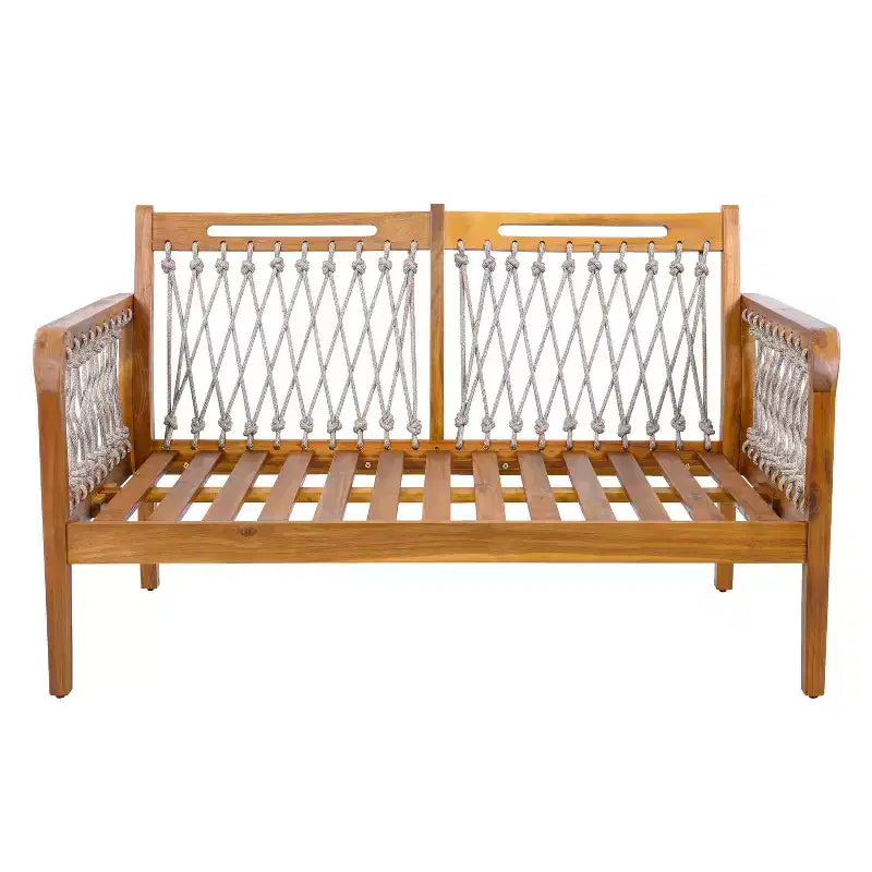 Christopher Knight Home Tzuyu Farmhouse Outdoor Acacia Wood Loveseat and Coffee Table Set with Handwoven Rope