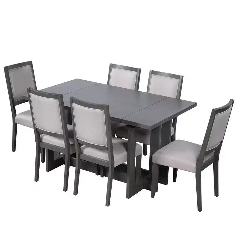 Ensemble de salle à manger rustique Whisen 7 pièces extensible, table de cuisine à tréteaux de 82 po et 6 chaises de salle à manger rembourrées avec pieds en bois d'hévéa