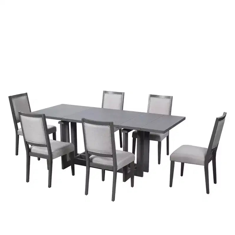 Ensemble de salle à manger rustique Whisen 7 pièces extensible, table de cuisine à tréteaux de 82 po et 6 chaises de salle à manger rembourrées avec pieds en bois d'hévéa
