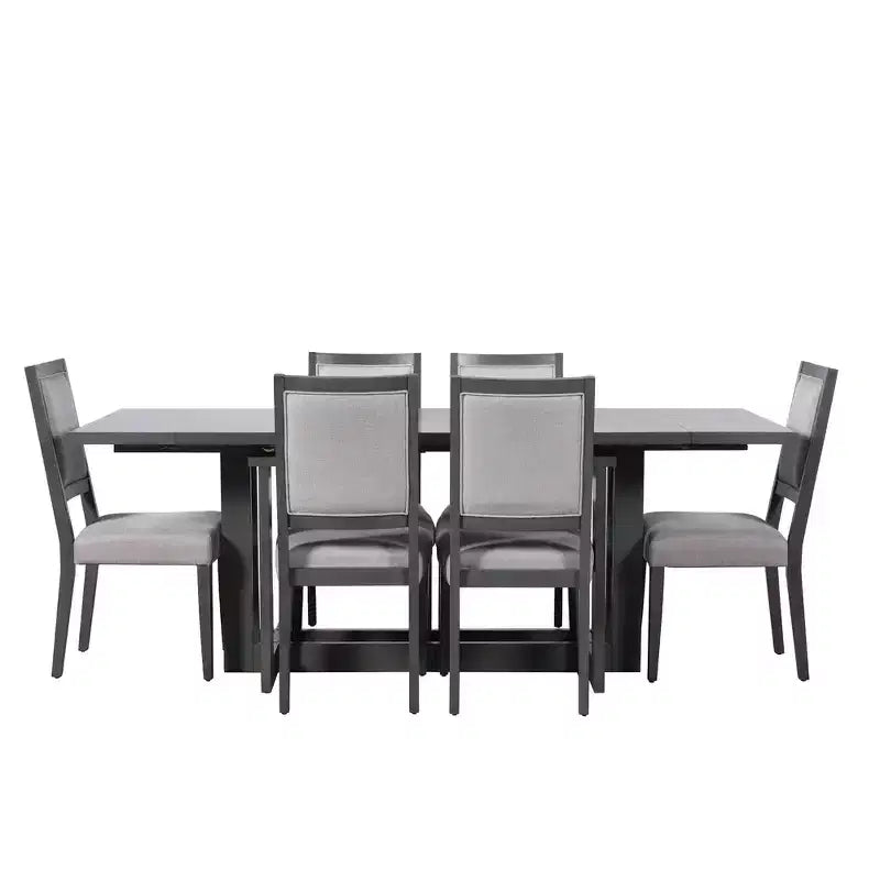 Ensemble de salle à manger rustique Whisen 7 pièces extensible, table de cuisine à tréteaux de 82 po et 6 chaises de salle à manger rembourrées avec pieds en bois d'hévéa
