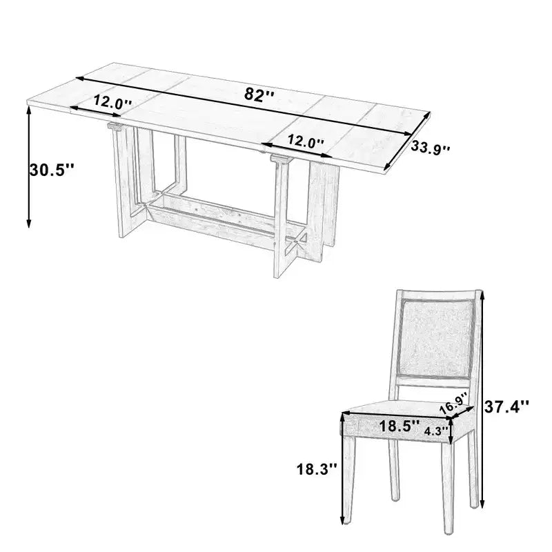 Ensemble de salle à manger rustique Whisen 7 pièces extensible, table de cuisine à tréteaux de 82 po et 6 chaises de salle à manger rembourrées avec pieds en bois d'hévéa