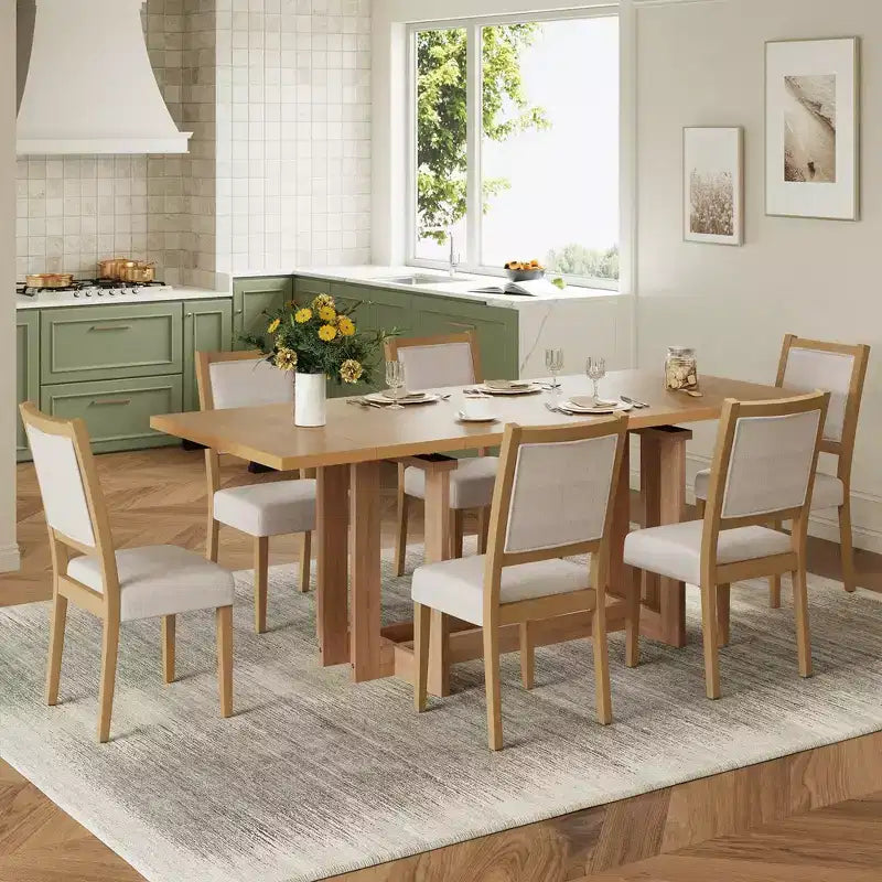 Ensemble de salle à manger rustique Whisen 7 pièces extensible, table de cuisine à tréteaux de 82 po et 6 chaises de salle à manger rembourrées avec pieds en bois d'hévéa