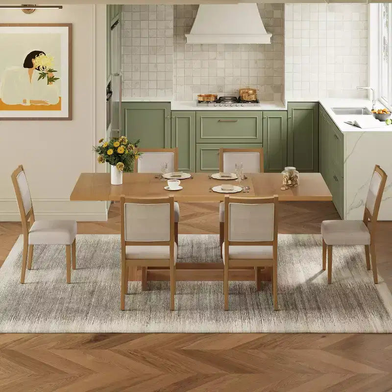 Ensemble de salle à manger rustique Whisen 7 pièces extensible, table de cuisine à tréteaux de 82 po et 6 chaises de salle à manger rembourrées avec pieds en bois d'hévéa