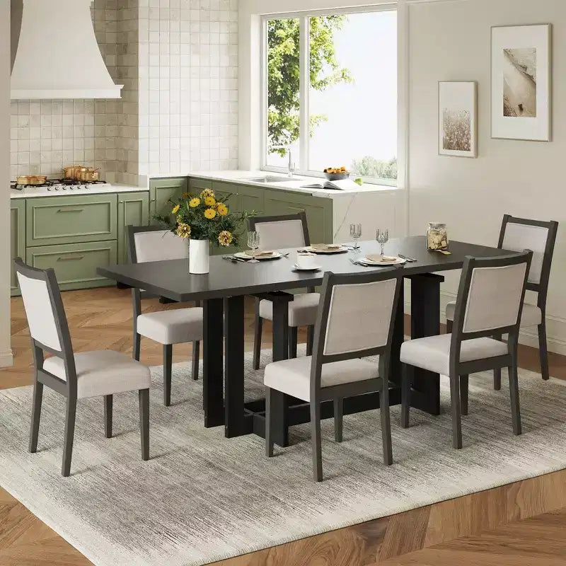 Ensemble de salle à manger rustique Whisen 7 pièces extensible, table de cuisine à tréteaux de 82 po et 6 chaises de salle à manger rembourrées avec pieds en bois d'hévéa