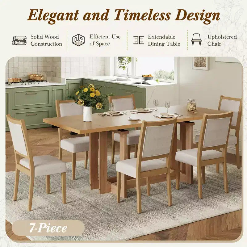 Ensemble de salle à manger rustique Whisen 7 pièces extensible, table de cuisine à tréteaux de 82 po et 6 chaises de salle à manger rembourrées avec pieds en bois d'hévéa