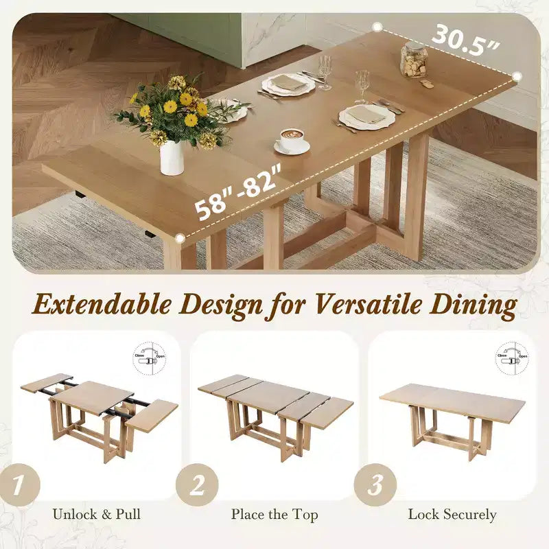 Ensemble de salle à manger rustique Whisen 7 pièces extensible, table de cuisine à tréteaux de 82 po et 6 chaises de salle à manger rembourrées avec pieds en bois d'hévéa