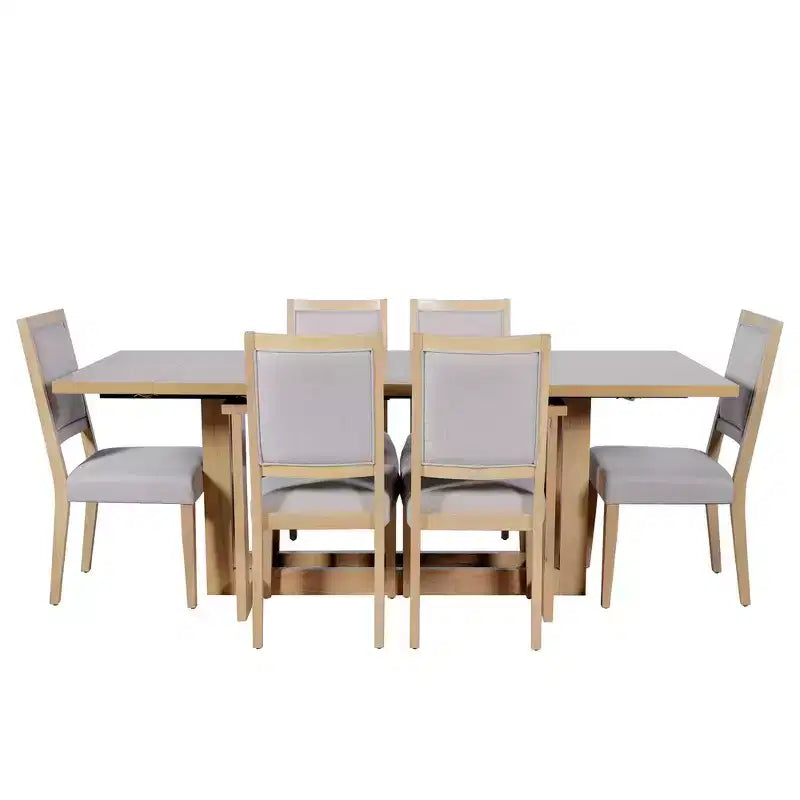 Ensemble de salle à manger rustique Whisen 7 pièces extensible, table de cuisine à tréteaux de 82 po et 6 chaises de salle à manger rembourrées avec pieds en bois d'hévéa