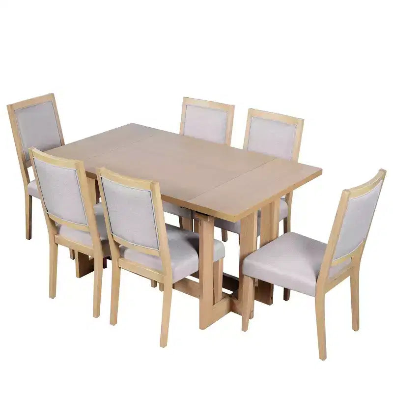 Ensemble de salle à manger rustique Whisen 7 pièces extensible, table de cuisine à tréteaux de 82 po et 6 chaises de salle à manger rembourrées avec pieds en bois d'hévéa