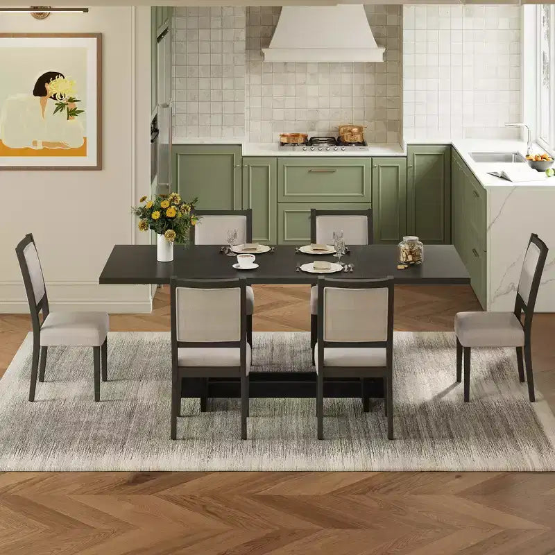 Ensemble de salle à manger rustique Whisen 7 pièces extensible, table de cuisine à tréteaux de 82 po et 6 chaises de salle à manger rembourrées avec pieds en bois d'hévéa