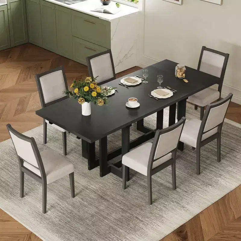 Ensemble de salle à manger rustique Whisen 7 pièces extensible, table de cuisine à tréteaux de 82 po et 6 chaises de salle à manger rembourrées avec pieds en bois d'hévéa