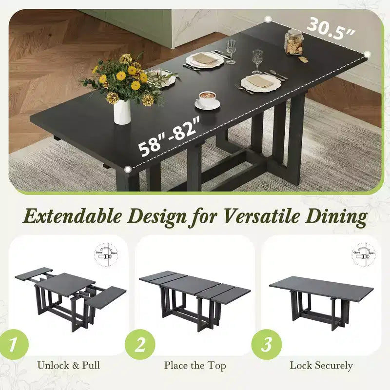 Ensemble de salle à manger rustique Whisen 7 pièces extensible, table de cuisine à tréteaux de 82 po et 6 chaises de salle à manger rembourrées avec pieds en bois d'hévéa