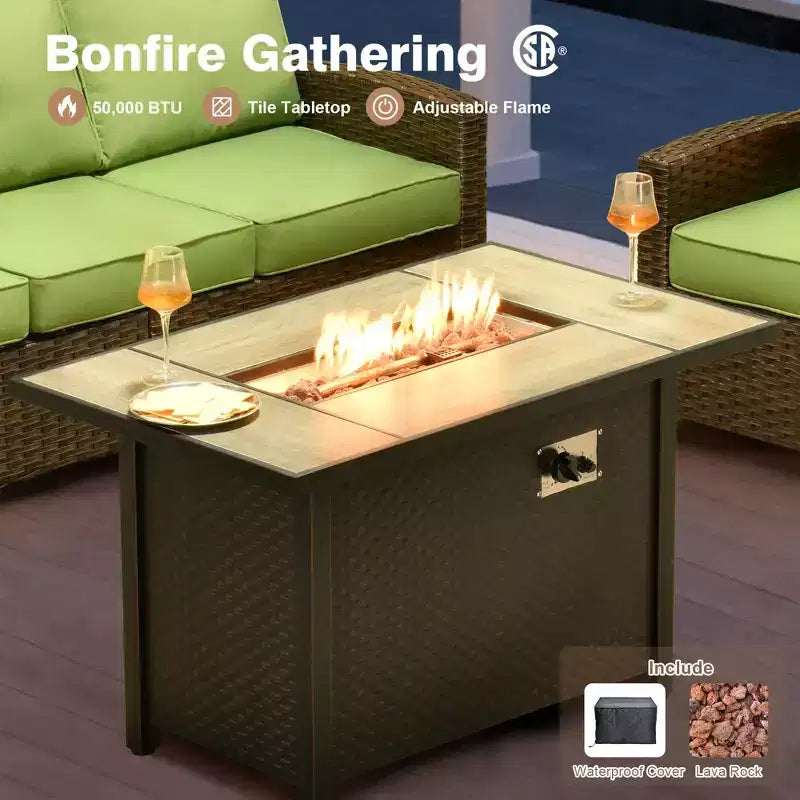 HOMLUX 4-Season Outdoor Sofa Set 3+2+2 Seating with Firepit Weatherproof Patio Furniture for Garden