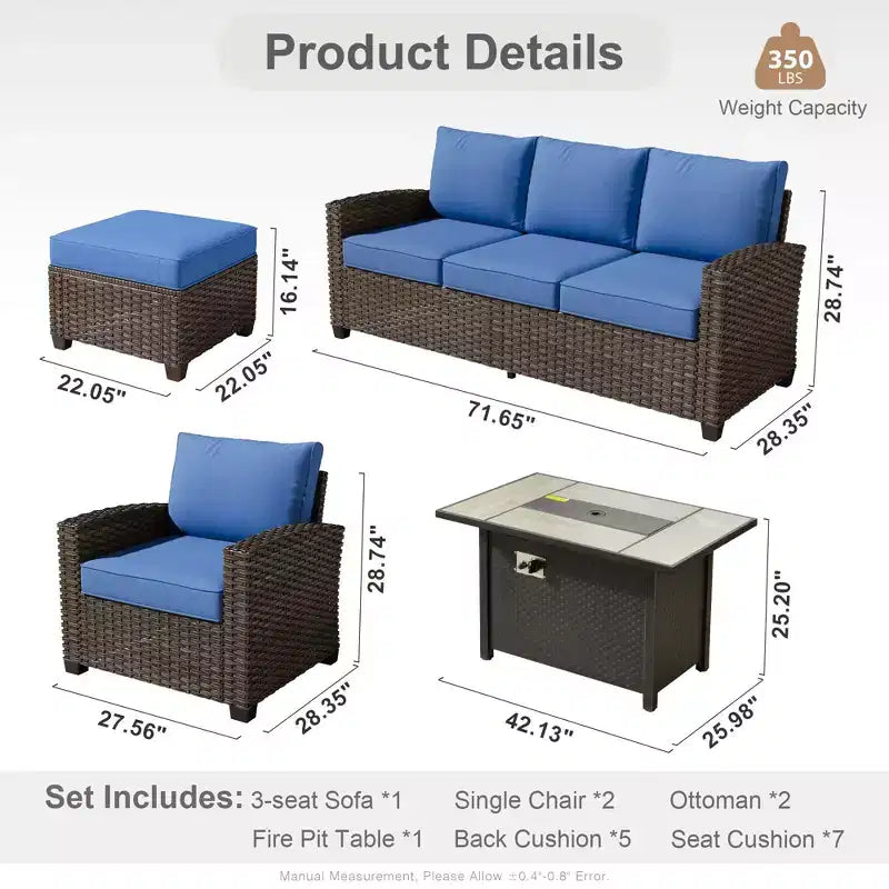 HOMLUX 4-Season Outdoor Sofa Set 3+2+2 Seating with Firepit Weatherproof Patio Furniture for Garden