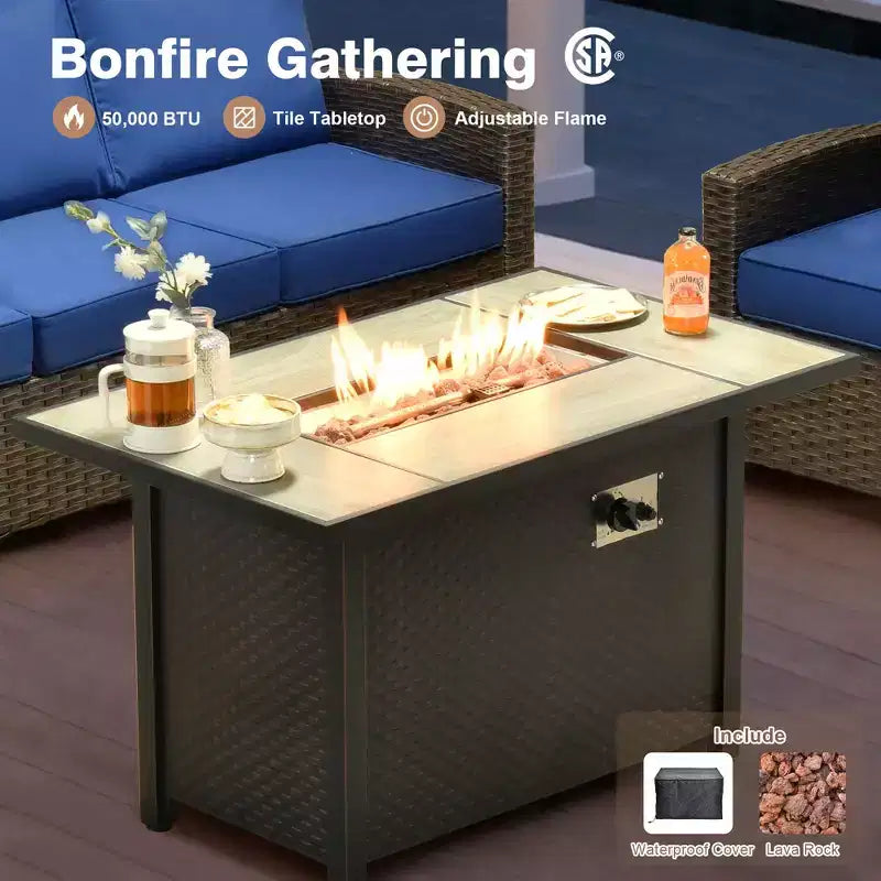 HOMLUX 4-Season Outdoor Sofa Set 3+2+2 Seating with Firepit Weatherproof Patio Furniture for Garden