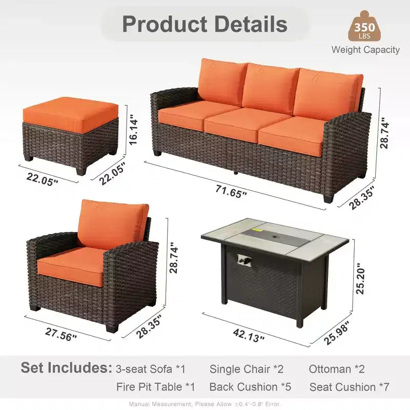HOMLUX 4-Season Outdoor Sofa Set 3+2+2 Seating with Firepit Weatherproof Patio Furniture for Garden