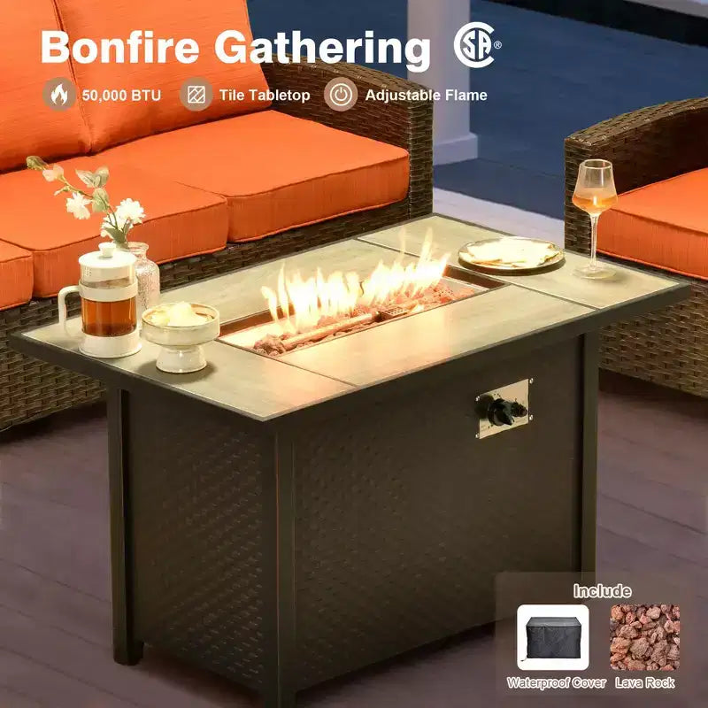 HOMLUX 4-Season Outdoor Sofa Set 3+2+2 Seating with Firepit Weatherproof Patio Furniture for Garden