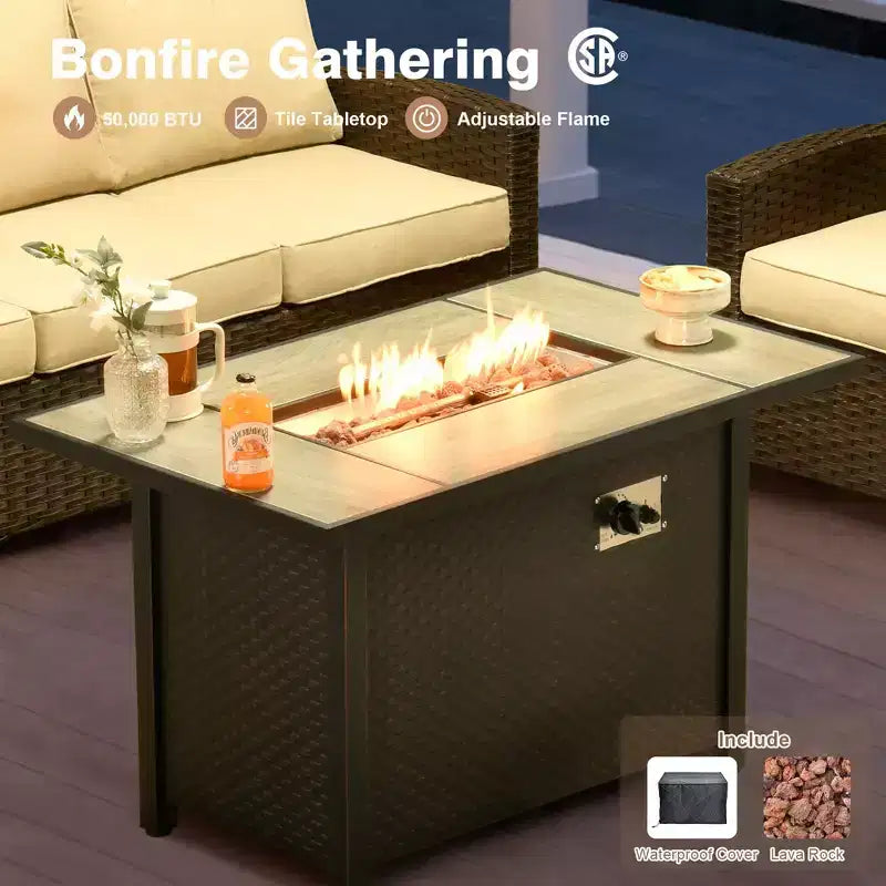 HOMLUX 4-Season Outdoor Sofa Set 3+2+2 Seating with Firepit Weatherproof Patio Furniture for Garden