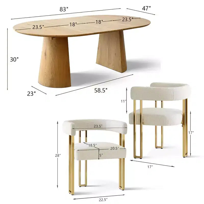 Ensemble de salle à manger extensible 47-83 pour 6 personnes, table en bois naturel et 6 chaises de salle à manger en chenille rembourrée avec pieds en métal-Panipeachy