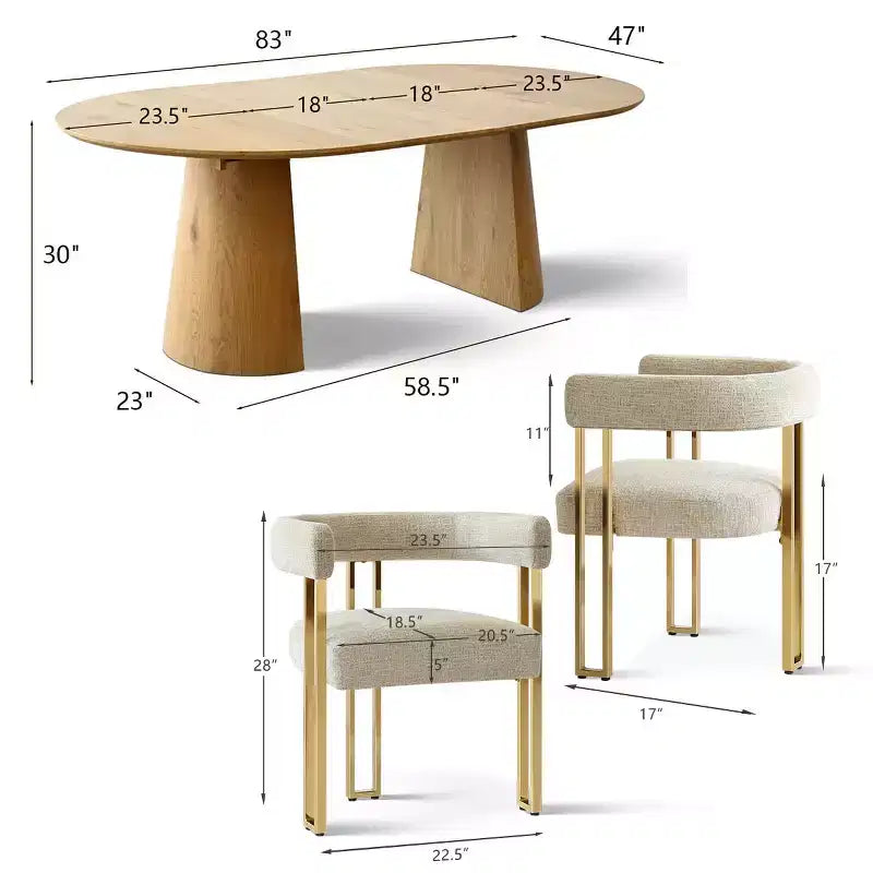 Ensemble de salle à manger extensible 47-83 pour 6 personnes, table en bois naturel et 6 chaises de salle à manger en chenille rembourrée avec pieds en métal-Panipeachy