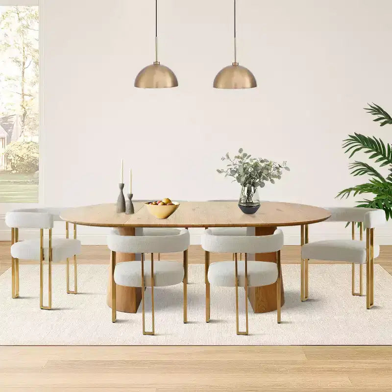47-83 Extendable Dining Table Set for 6, Natural Wood-Tone Table and 6 Upholstered Chenille Dining Chairs with Metal Legs-Panipeachy
