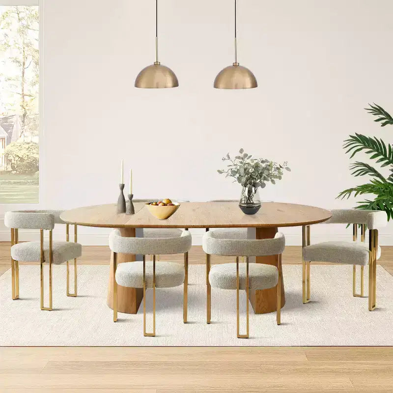 47-83 Extendable Dining Table Set for 6, Natural Wood-Tone Table and 6 Upholstered Chenille Dining Chairs with Metal Legs-Panipeachy