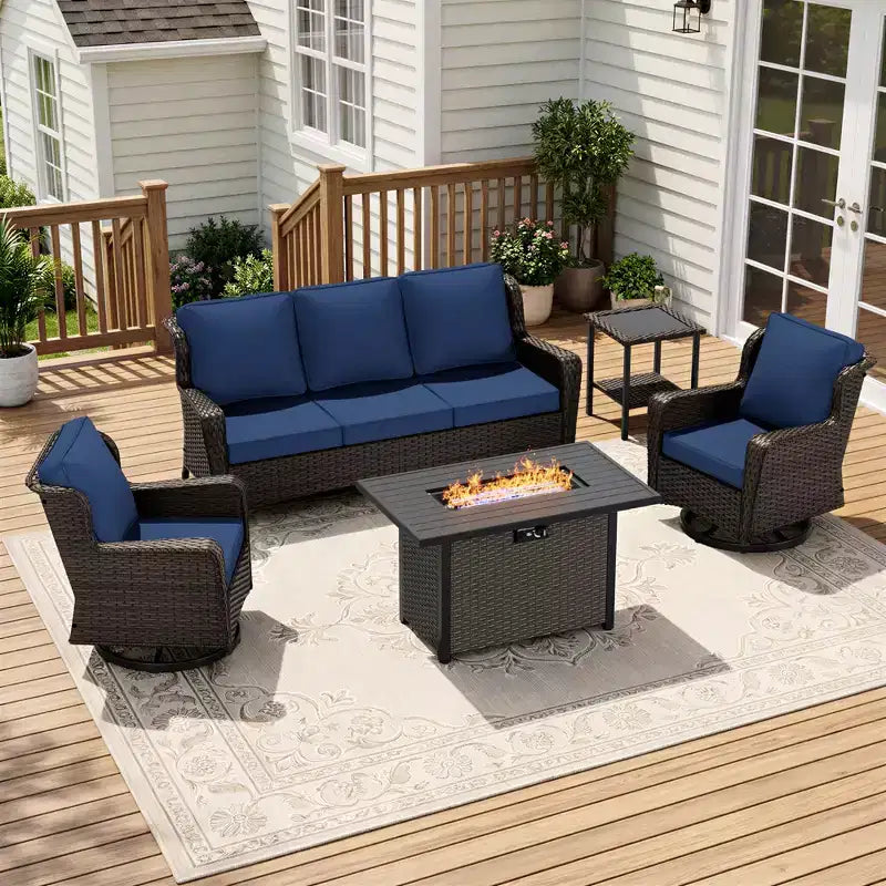 UPTIOT 5-Piece Outdoor Set: 3-Seat Sofa, 2 Swivel Chairs, Fire Pit Table & Side Table