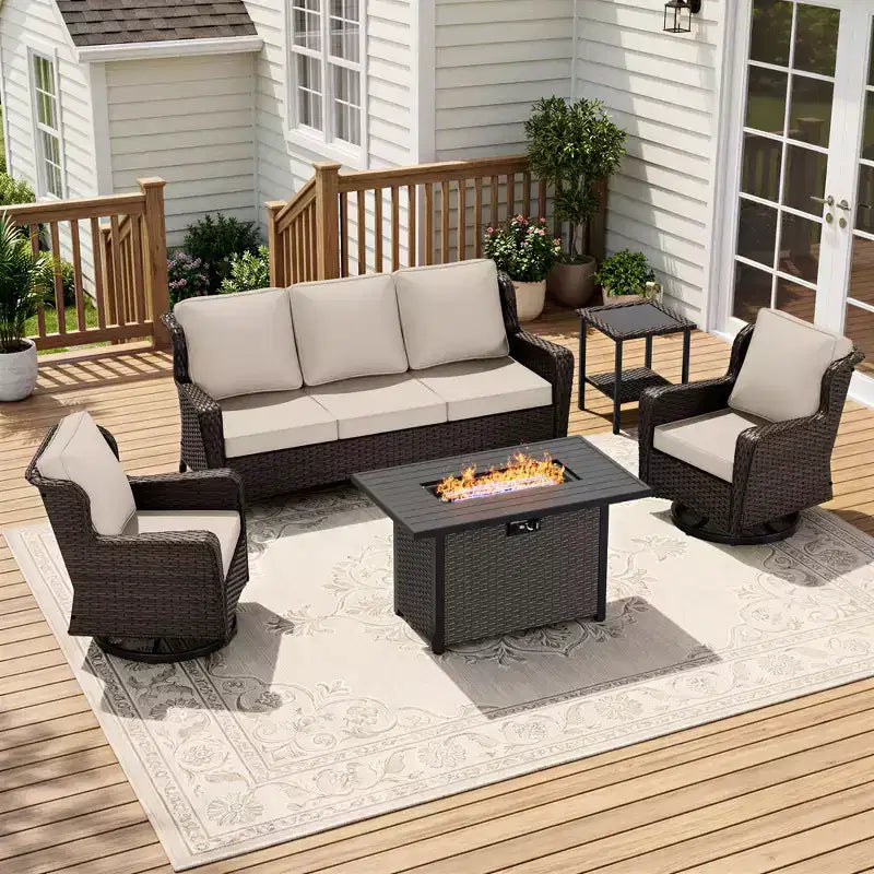 UPTIOT 5-Piece Outdoor Set: 3-Seat Sofa, 2 Swivel Chairs, Fire Pit Table & Side Table