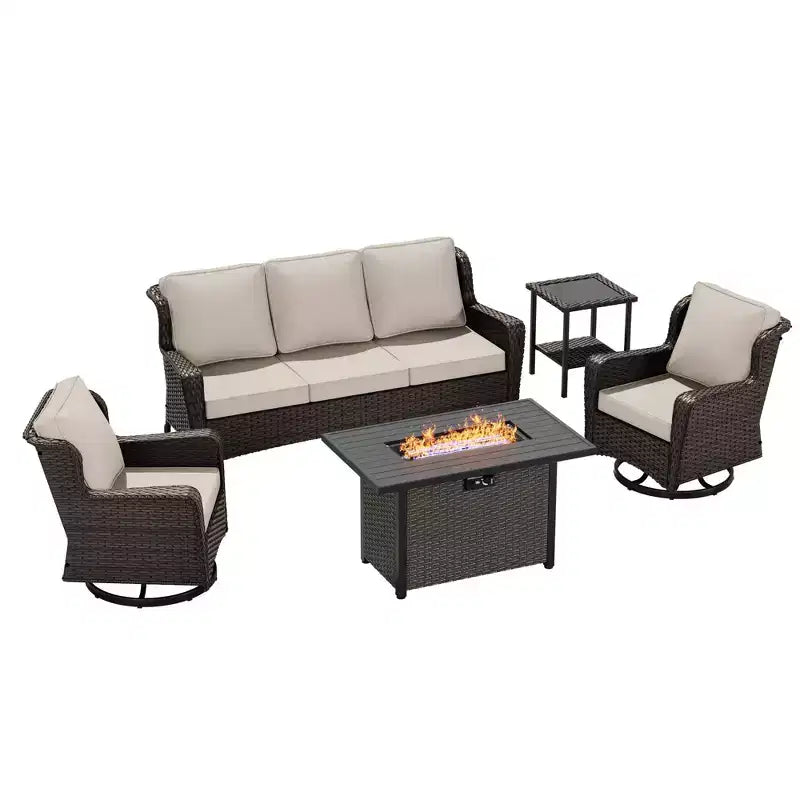 UPTIOT 5-Piece Outdoor Set: 3-Seat Sofa, 2 Swivel Chairs, Fire Pit Table & Side Table