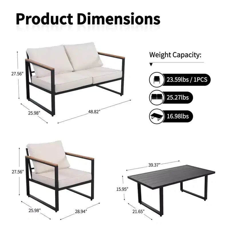 Ensemble de conversation d'extérieur 4 pièces avec causeuse, 2 fauteuils et table basse, meubles à cadre métallique avec accoudoirs en polystyrène, cadre noir et coussins beiges