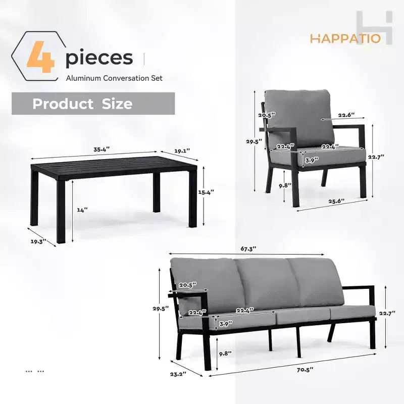HAPPATIO Aluminum Patio Furniture Set, 4 Pieces Conversation Set with Thick Cushions for Garden, Backyard, Porch, Beige