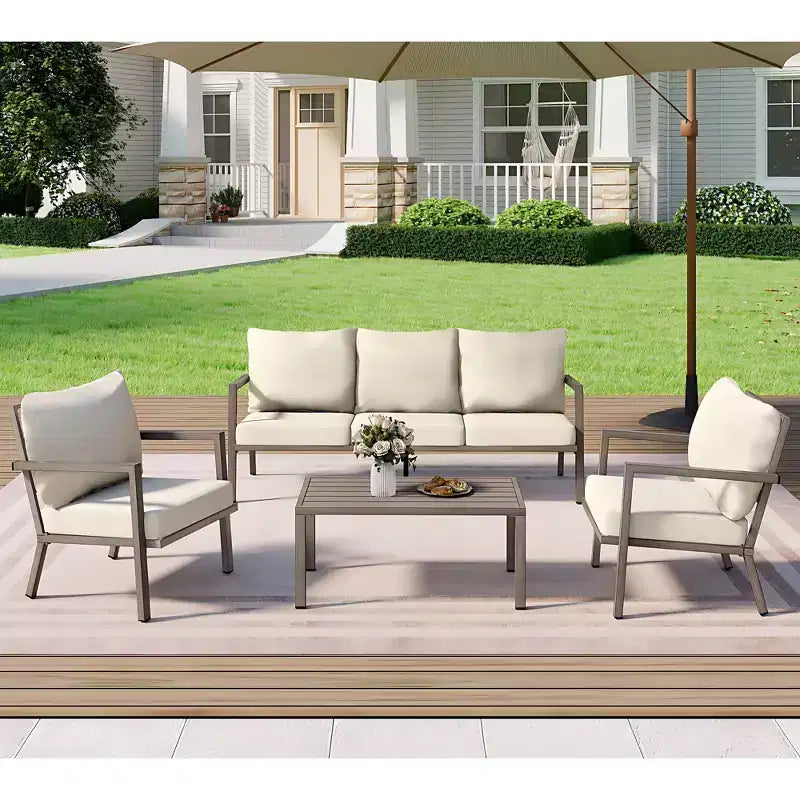 HAPPATIO Aluminum Patio Furniture Set, 4 Pieces Conversation Set with Thick Cushions for Garden, Backyard, Porch, Beige