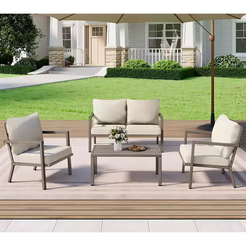 HAPPATIO Aluminum Patio Furniture Set, 4 Pieces Conversation Set with Thick Cushions for Garden, Backyard, Porch, Beige