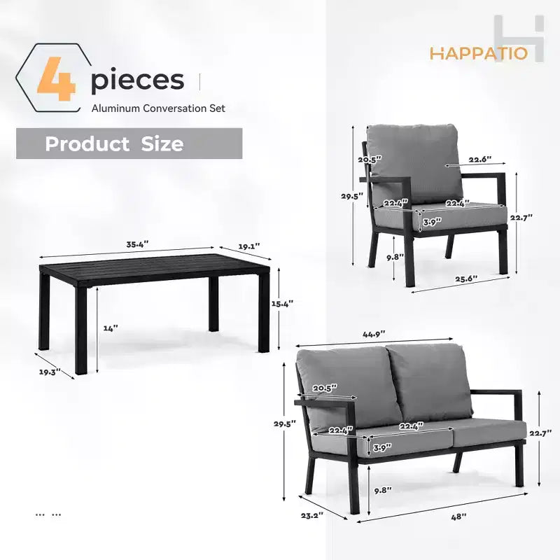 HAPPATIO Aluminum Patio Furniture Set, 4 Pieces Conversation Set with Thick Cushions for Garden, Backyard, Porch, Beige