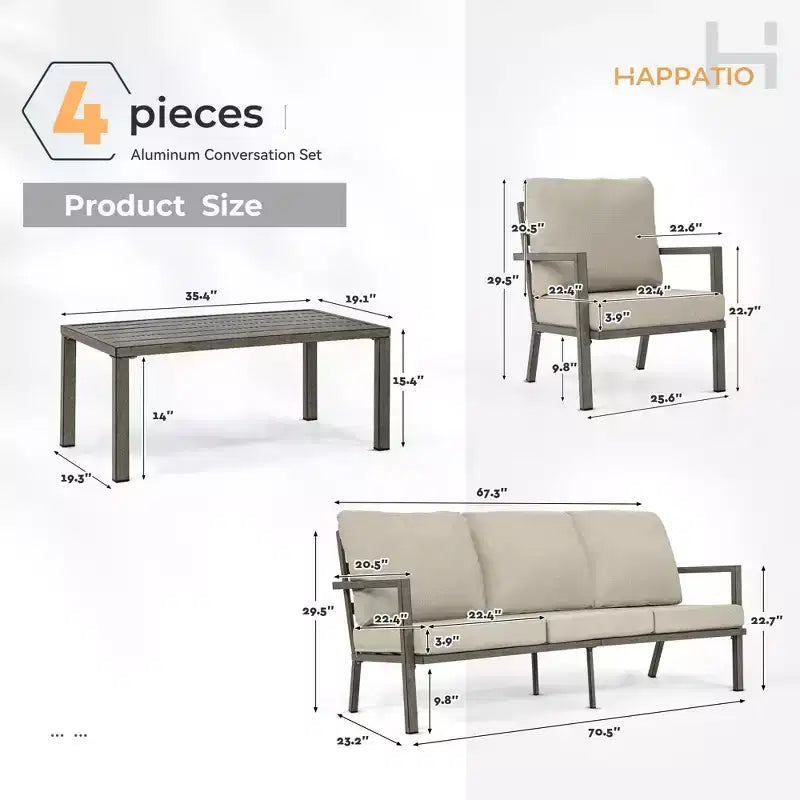 HAPPATIO Aluminum Patio Furniture Set, 4 Pieces Conversation Set with Thick Cushions for Garden, Backyard, Porch, Beige
