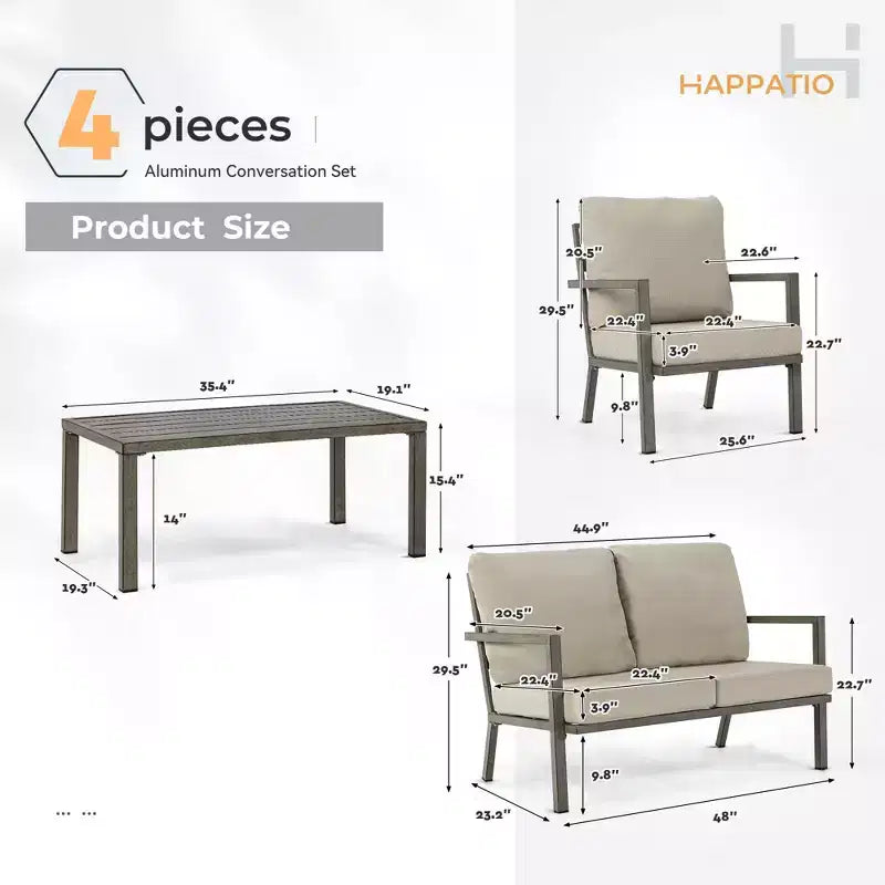 HAPPATIO Aluminum Patio Furniture Set, 4 Pieces Conversation Set with Thick Cushions for Garden, Backyard, Porch, Beige