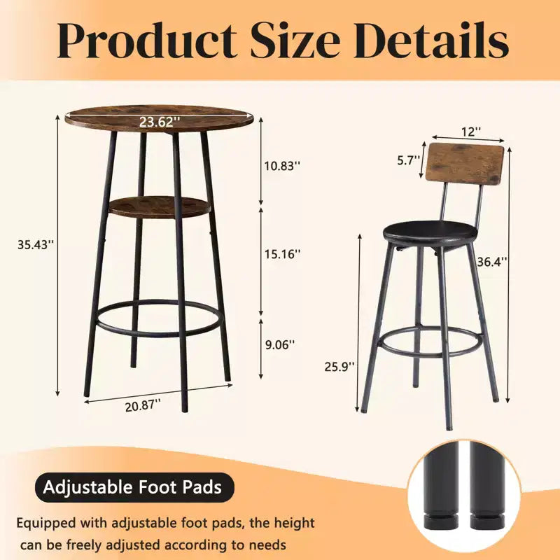 GDFStudio Hawthorne - Ensemble Table de Bar et Chaises 3 Pièces en Similicuir et Métal