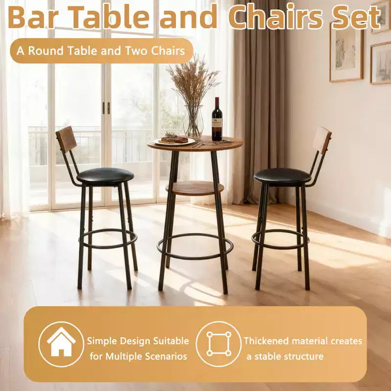 GDFStudio Hawthorne - Ensemble Table de Bar et Chaises 3 Pièces en Similicuir et Métal