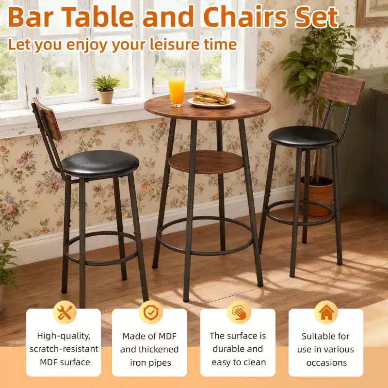GDFStudio Hawthorne - Ensemble Table de Bar et Chaises 3 Pièces en Similicuir et Métal