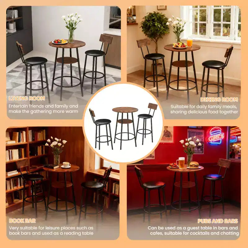GDFStudio Hawthorne - Ensemble Table de Bar et Chaises 3 Pièces en Similicuir et Métal