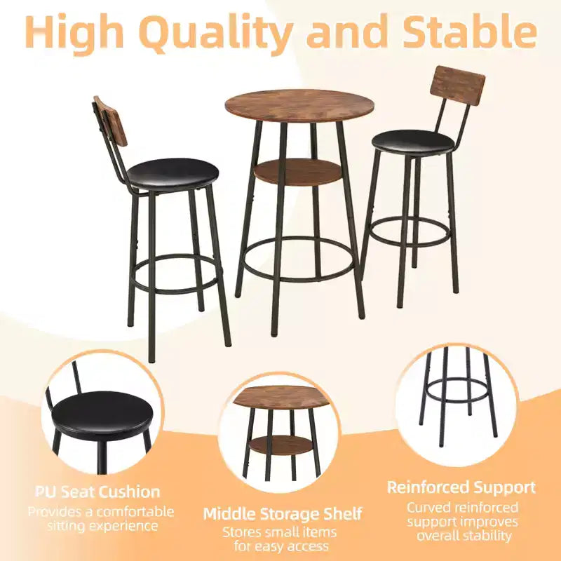 GDFStudio Hawthorne - Ensemble Table de Bar et Chaises 3 Pièces en Similicuir et Métal