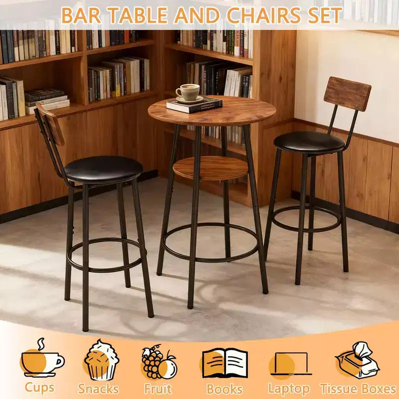 GDFStudio Hawthorne - Ensemble Table de Bar et Chaises 3 Pièces en Similicuir et Métal