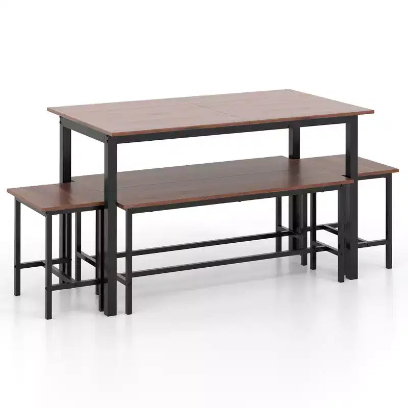 Costway 5 PCS Dining Table Set for 4-6 w/ 2 Benches & 2 Stools Metal Frame Dining Room Walnut